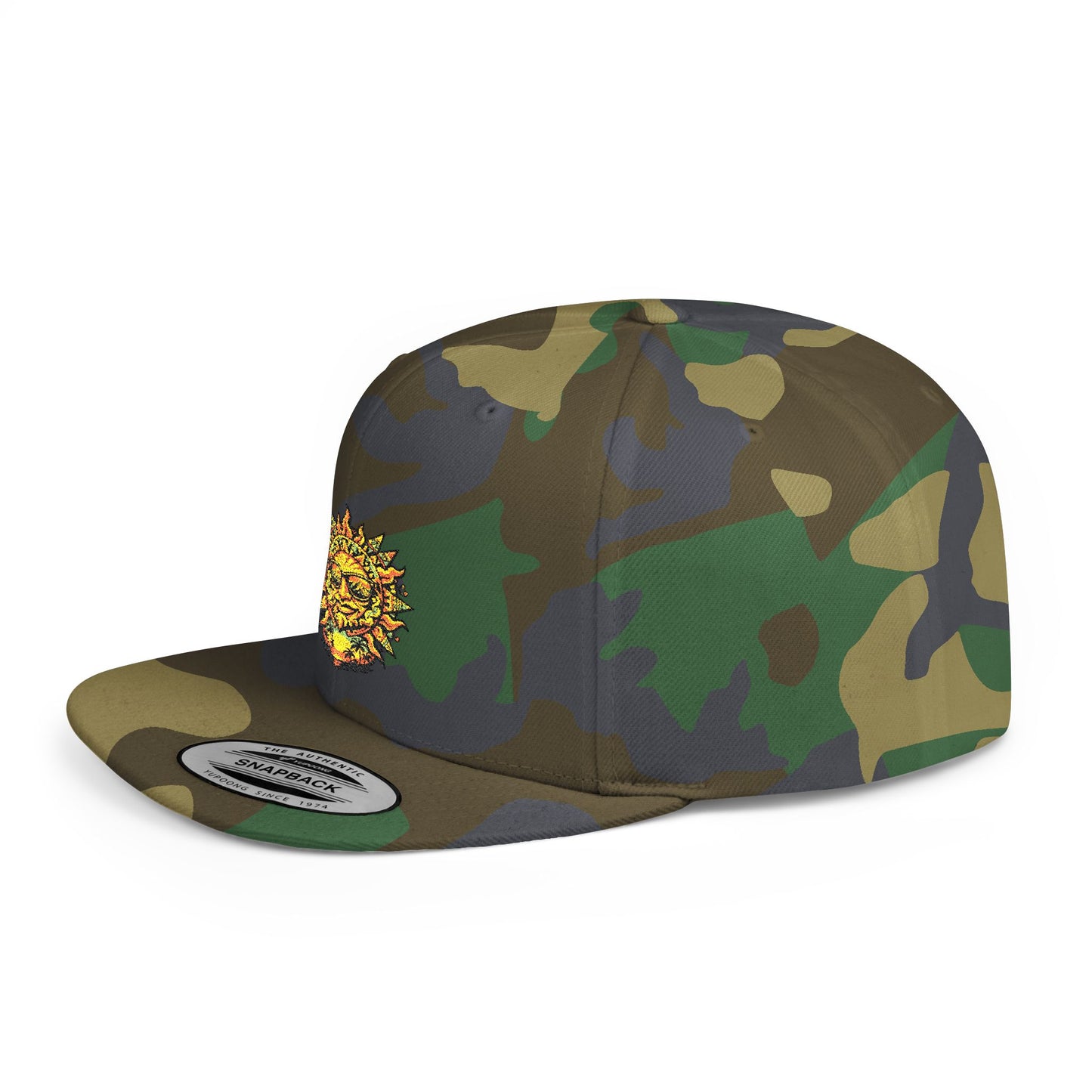 Sunburst Smile Flat Bill Snapback Hat – Retro Sunny Face Embroidered Cap