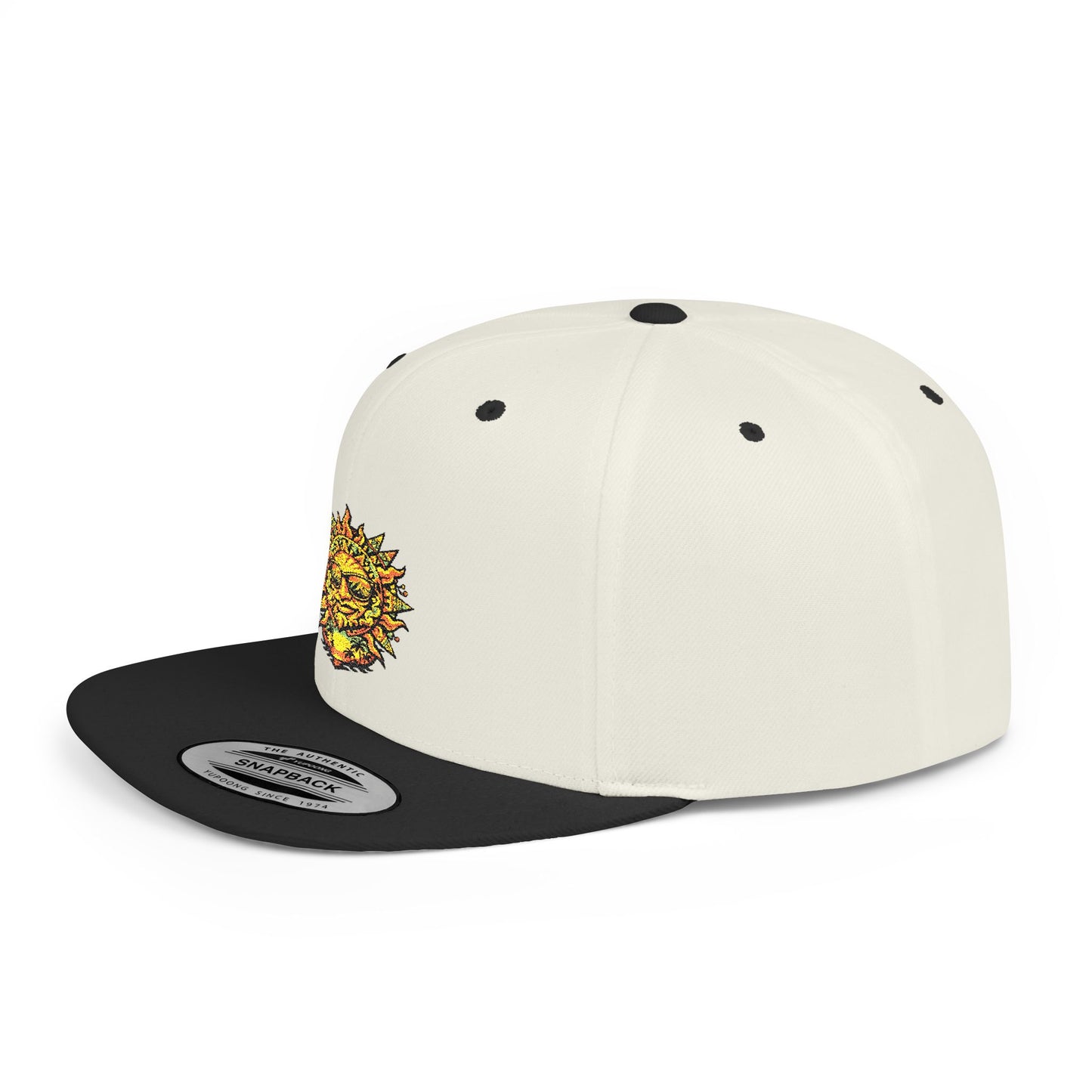 Sunburst Smile Flat Bill Snapback Hat – Retro Sunny Face Embroidered Cap