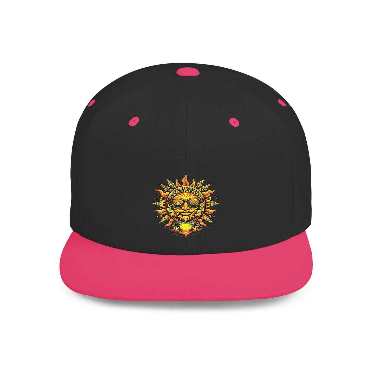 Sunburst Smile Flat Bill Snapback Hat – Retro Sunny Face Embroidered Cap