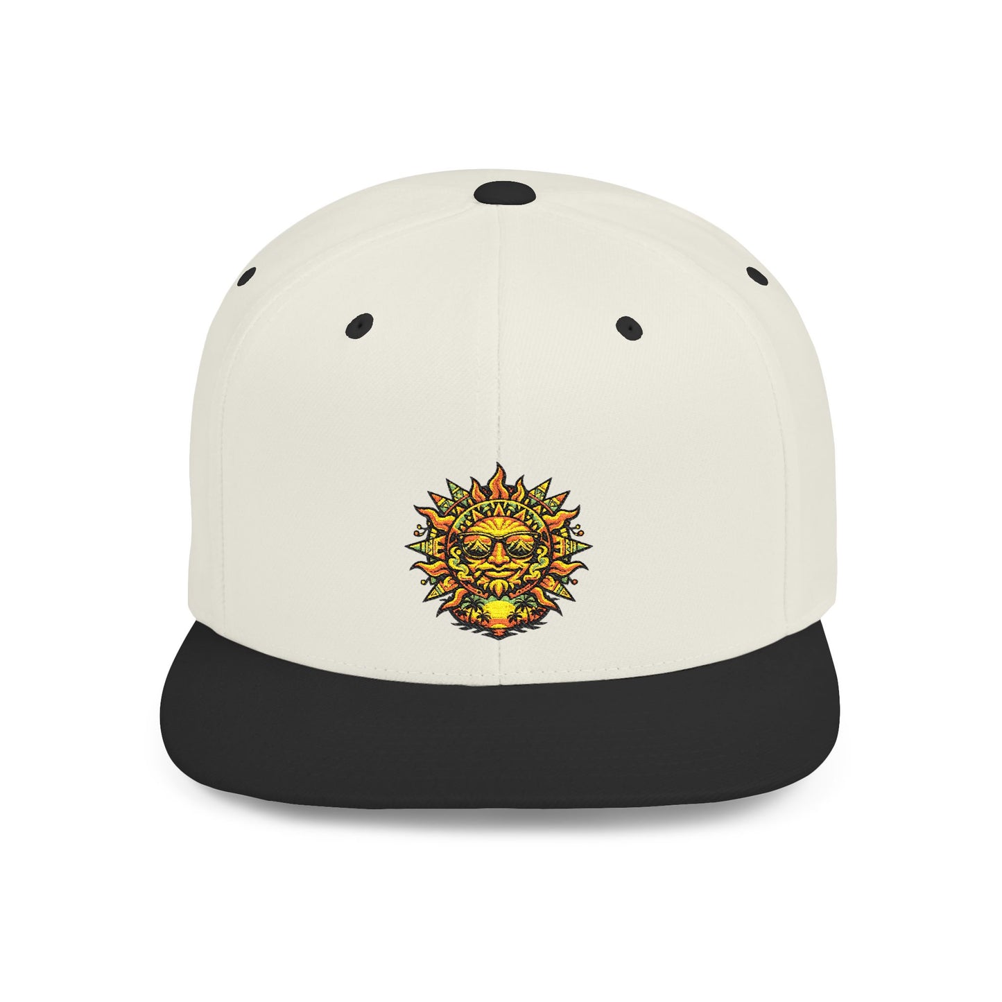 Sunburst Smile Flat Bill Snapback Hat – Retro Sunny Face Embroidered Cap