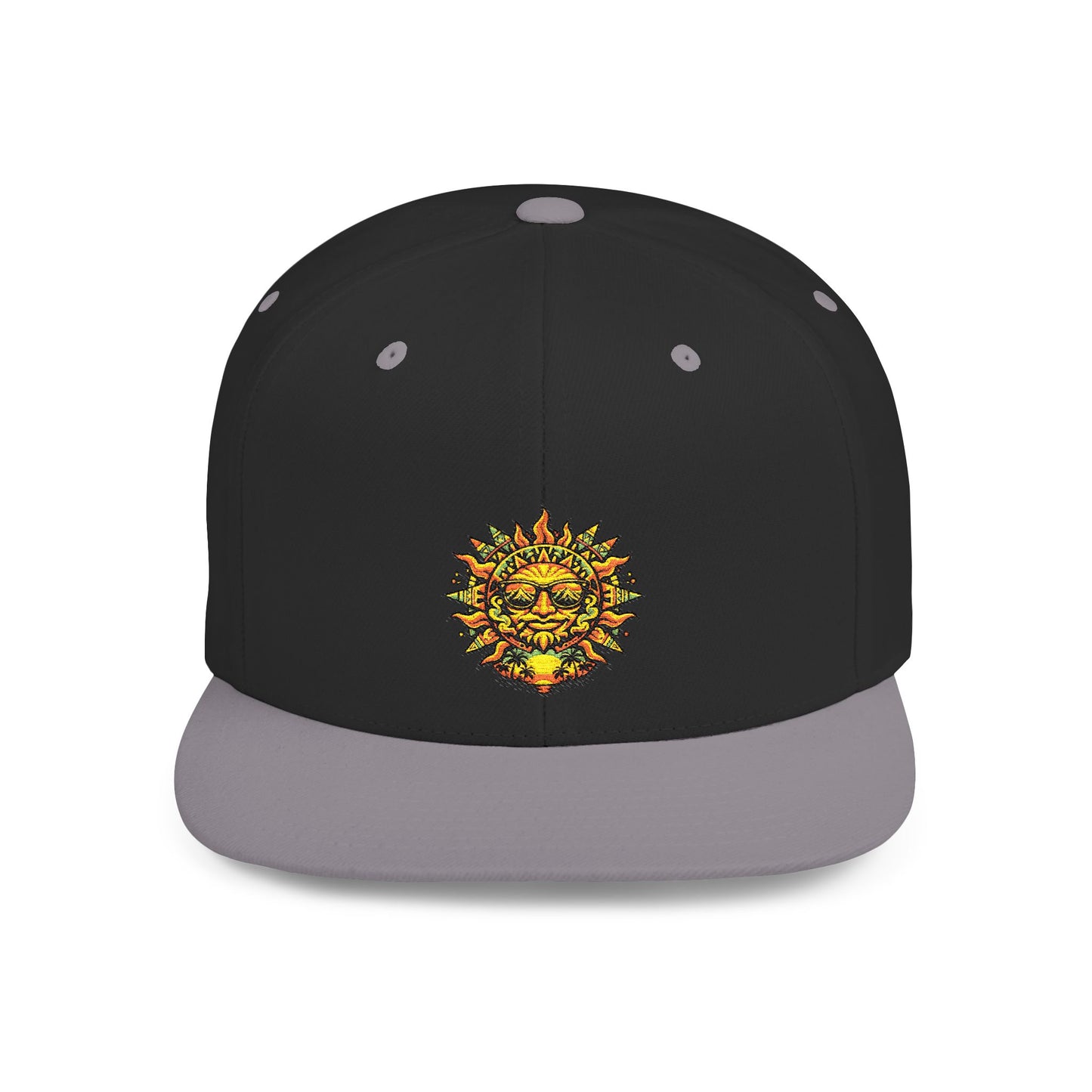 Sunburst Smile Flat Bill Snapback Hat – Retro Sunny Face Embroidered Cap