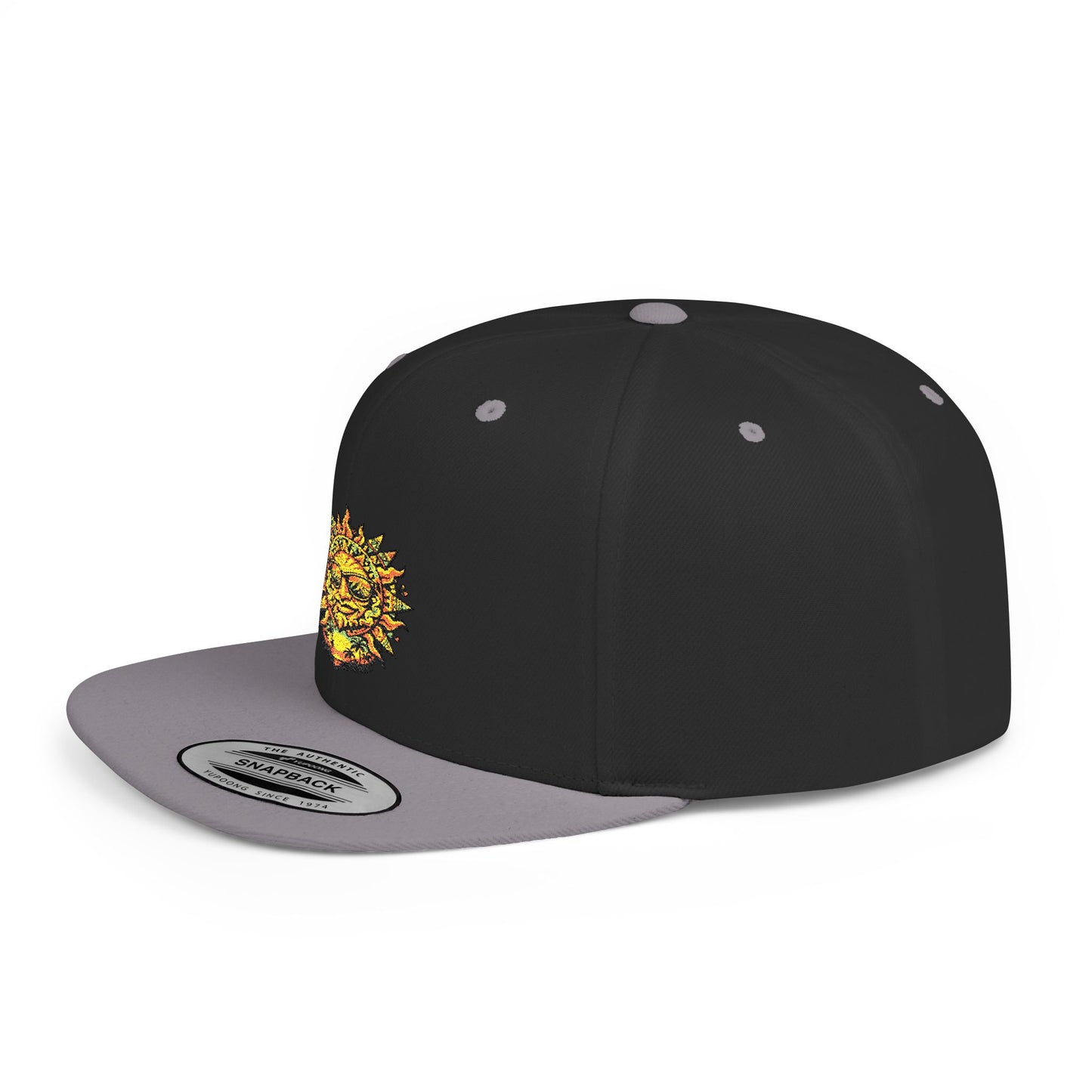 Sunburst Smile Flat Bill Snapback Hat – Retro Sunny Face Embroidered Cap